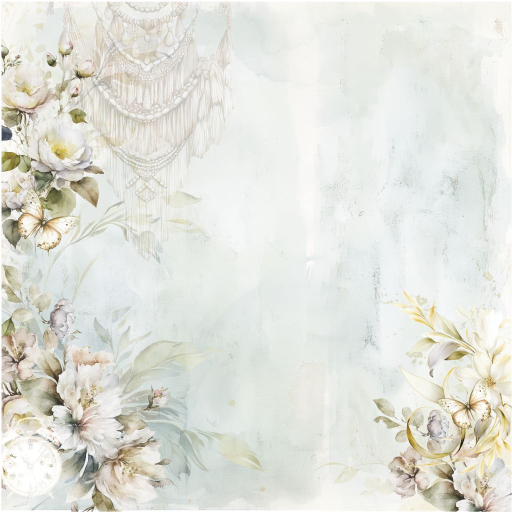 12x12" scrapbook paper with white and pale pink flowers, green foliage, butterflies, and a dream catcher, set against a serene watercolour wash in blue and cream tones.