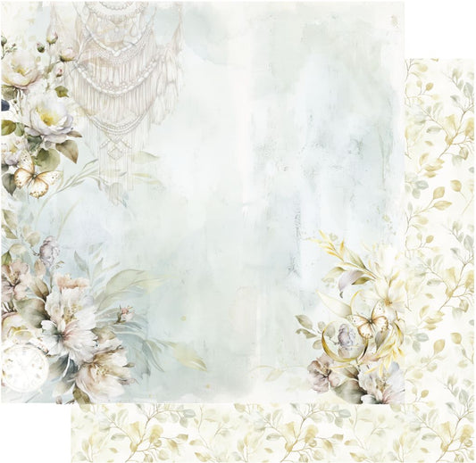 12x12" double-sided scrapbook paper featuring soft pastel florals, butterflies, and a vintage pocket watch on a watercolour background, with a preview of the reverse shown in the corner.