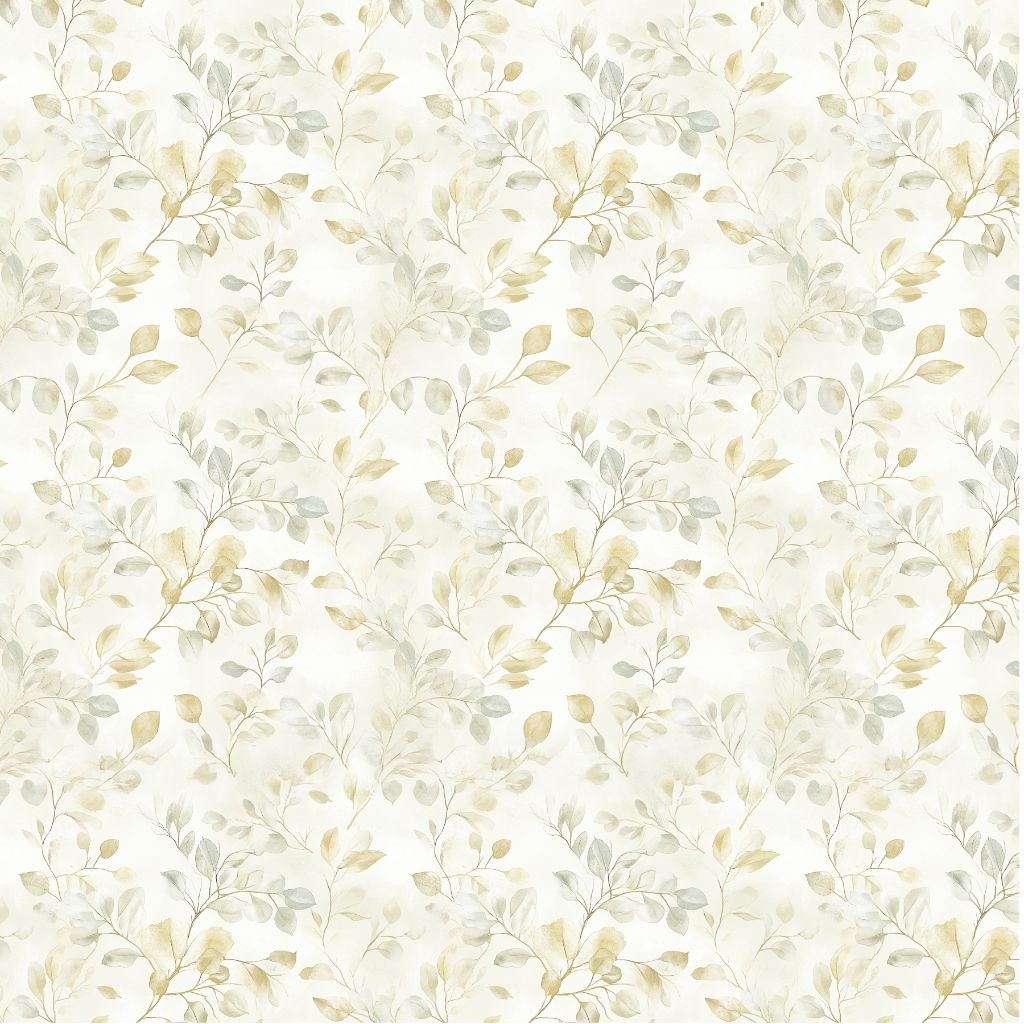 12x12" scrapbook paper with a seamless watercolour-style leaf pattern in muted green, beige, and light yellow on a soft cream background, offering a gentle and elegant backdrop.