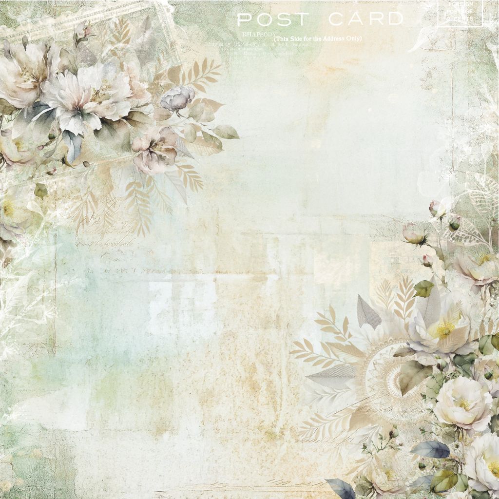 12x12" scrapbook paper styled as a decorative postcard with watercolour florals in soft beige, cream, and mint tones, vintage script, and the text “POST CARD” and “This Side for the Address Only.”