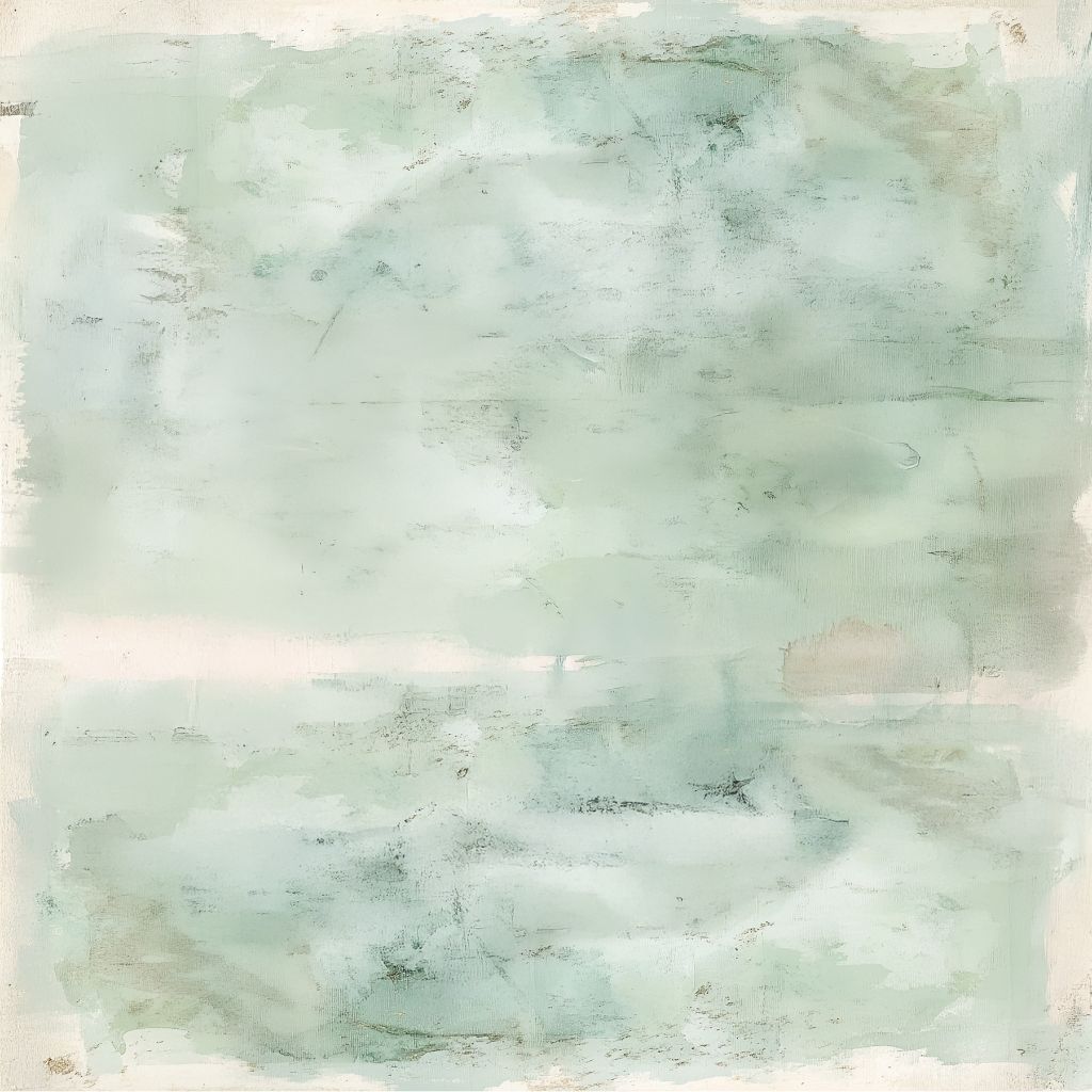 12x12" scrapbook paper with a soft abstract watercolour background in pale green, white, and beige, featuring gentle brushstrokes and a tranquil, misty texture.