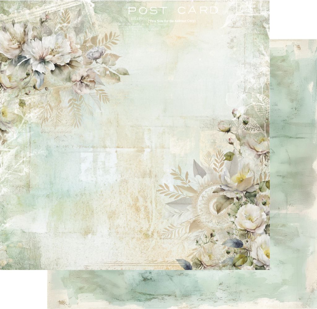 12x12" double-sided scrapbook paper featuring a vintage-style postcard layout with pastel florals and botanical accents, with a preview of the reverse shown in the corner.