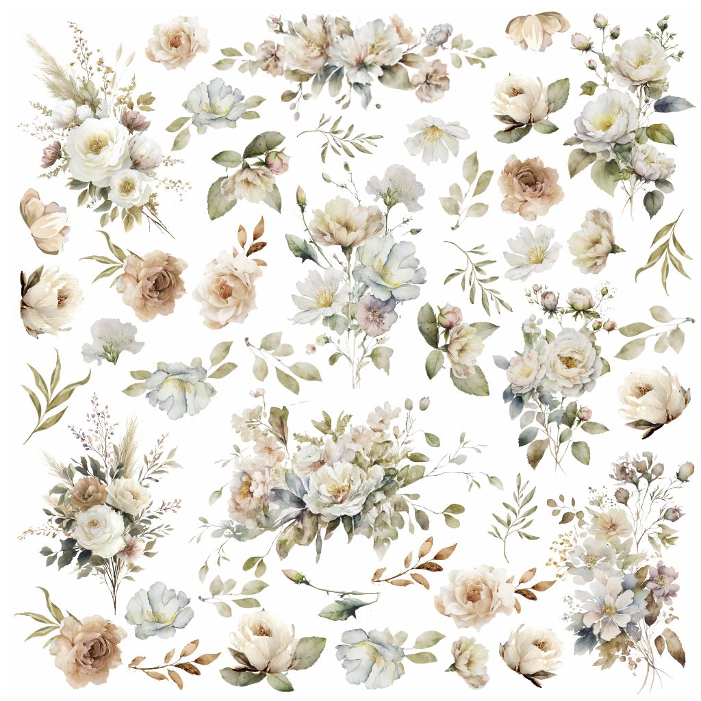 12x12" scrapbook paper with elegant watercolour-style bouquets and individual flowers in beige, cream, pale blue, and green, arranged on a white background with subtle artistic textures. Suitable for fussy cutting. 