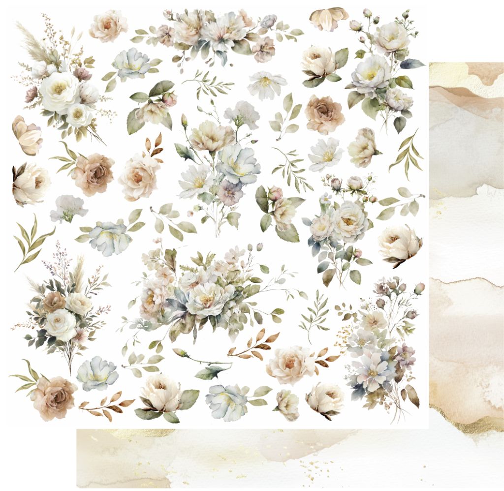 12x12" double-sided scrapbook paper featuring a collection of watercolour floral illustrations in soft neutral tones, with a preview of the reverse shown in the corner.