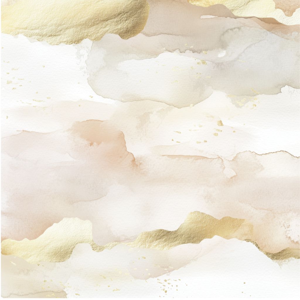 12x12" scrapbook paper with a flowing abstract watercolour background in beige, cream, taupe, and gold, featuring soft brush strokes and shimmering accents for a serene, luxurious finish.