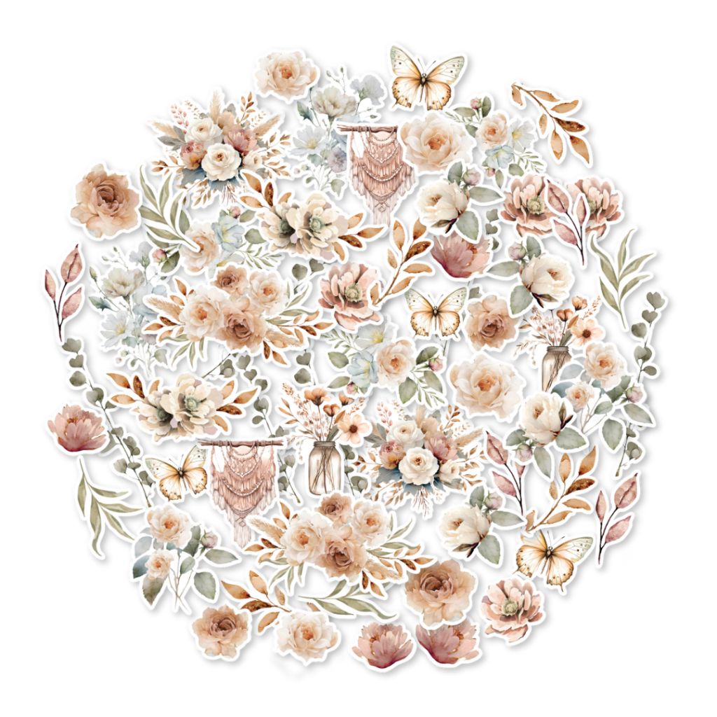 Uniquely Creative Bohemian Escape Vellum Creative Cuts – pre-cut adhesive-backed embellishments printed on translucent vellum. Features pastel florals, butterflies, macrame accents, and mason jars for layering in soft, boho-inspired paper crafts.