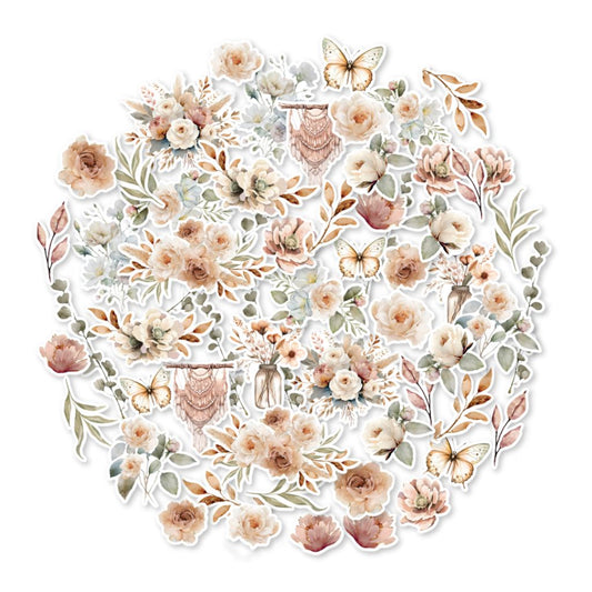 Uniquely Creative Bohemian Escape Vellum Creative Cuts – pre-cut adhesive-backed embellishments printed on translucent vellum. Features pastel florals, butterflies, macrame accents, and mason jars for layering in soft, boho-inspired paper crafts.