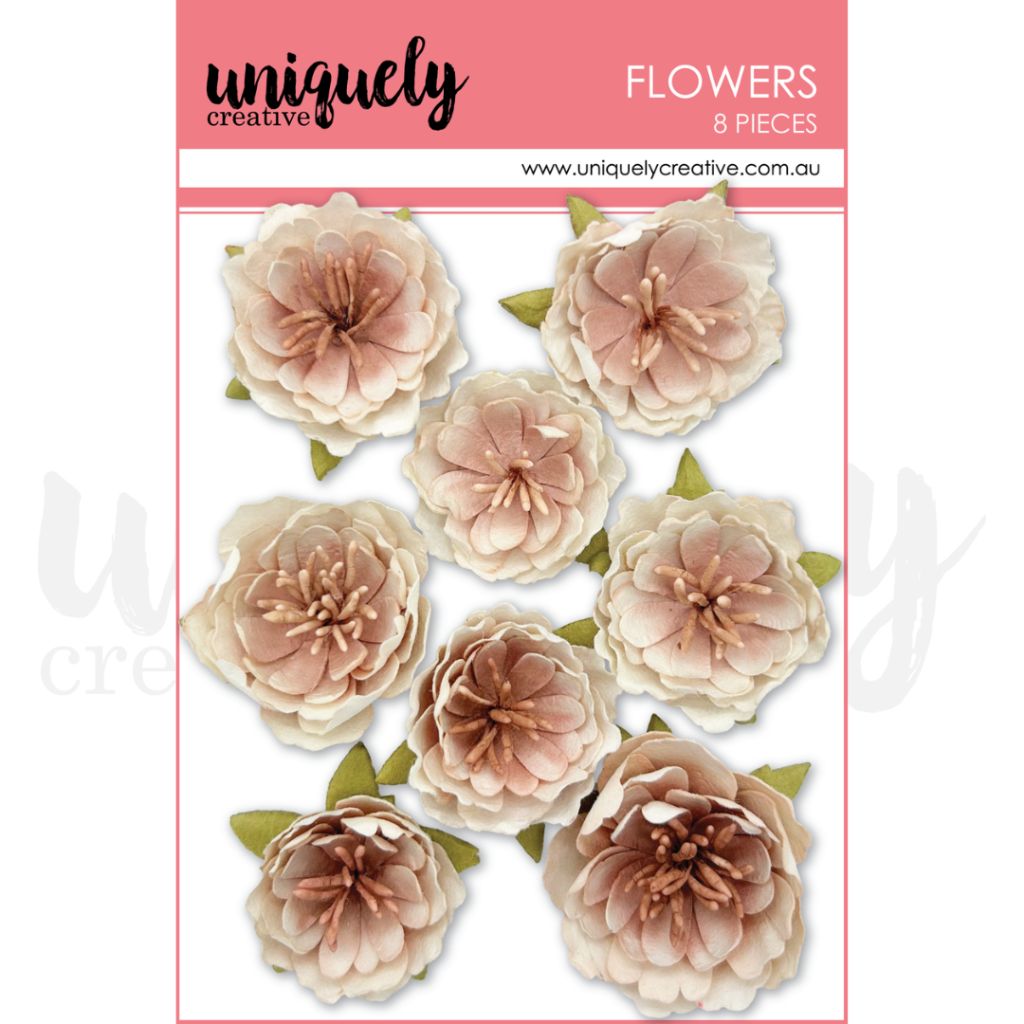 Uniquely Creative Bohemian Escape Layered Paper Flowers – pack of 8 dimensional embellishments in soft pink and cream tones with green leaves. Perfect for adding texture and floral accents to handmade cards, scrapbook layouts, and mixed media projects.