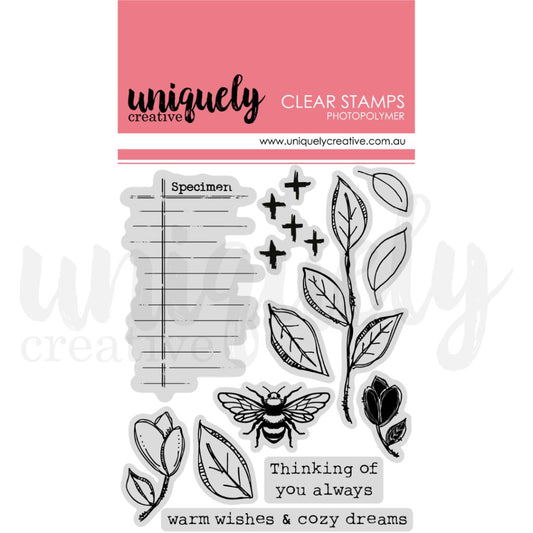 Uniquely Creative clear photopolymer stamp set featuring botanical designs, specimen label, and heartfelt sentiments like "Thinking of you always" and "warm wishes & cozy dreams" — ideal for card making and scrapbooking.