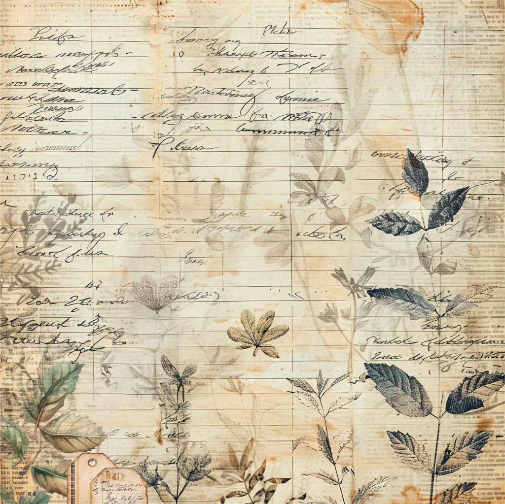 Front side of 12x12 scrapbook paper with antique ledger design, handwritten calculations, and floral embellishment