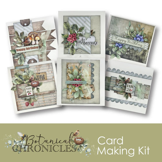 Botanical Chronicles card making kit with six nature-themed handmade greeting cards featuring birds and berries