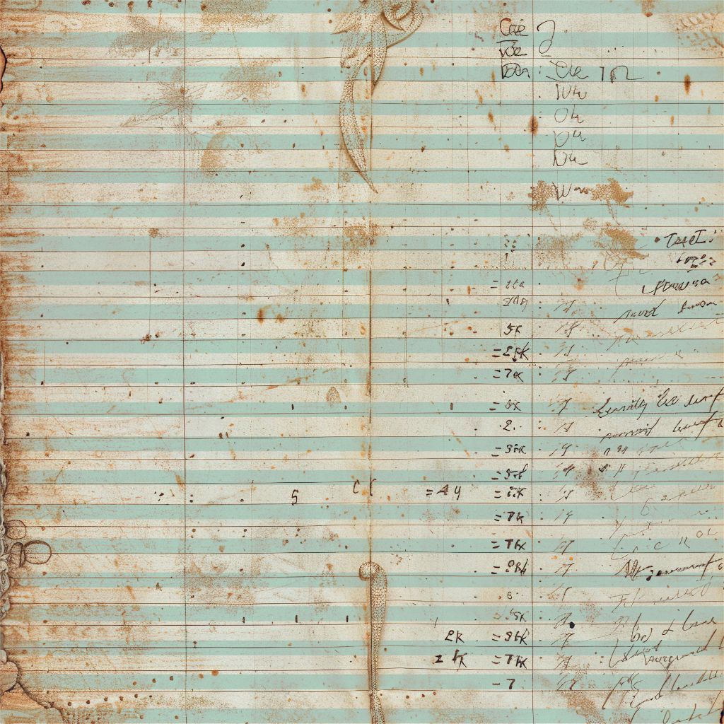 Back side of 12x12 scrapbook paper with antique ledger design, handwritten calculations, and floral embellishment