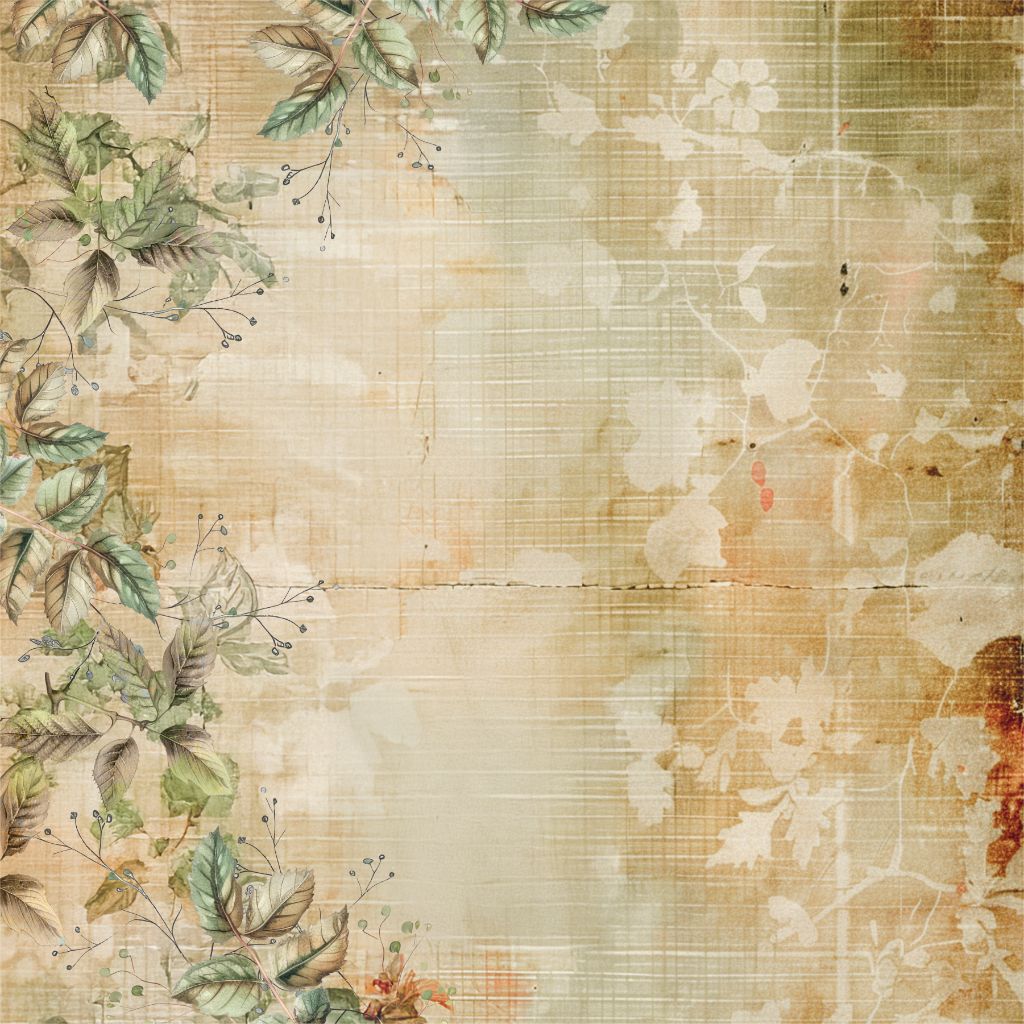 Front side of 12x12 scrapbook paper with vertical botanical border and faded floral background in earthy tones