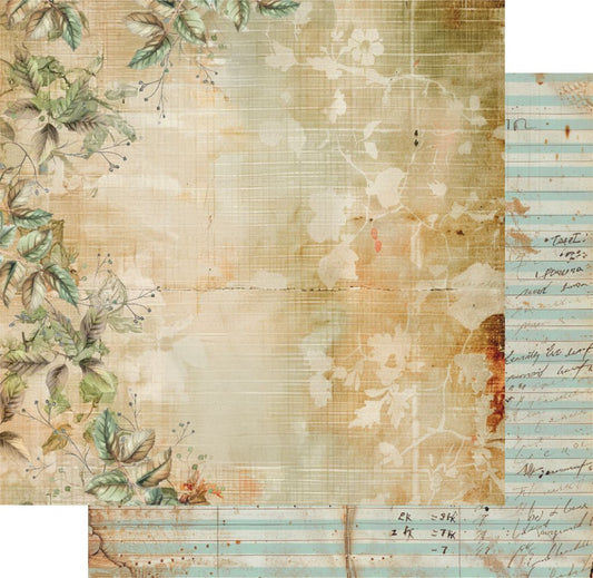Double-sided 12x12 scrapbook paper showing botanical border and vintage ledger preview on back