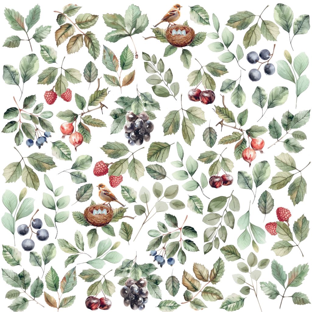 Front side of 12x12 scrapbook paper with white background and watercolour illustrations of birds, berries, and leaves