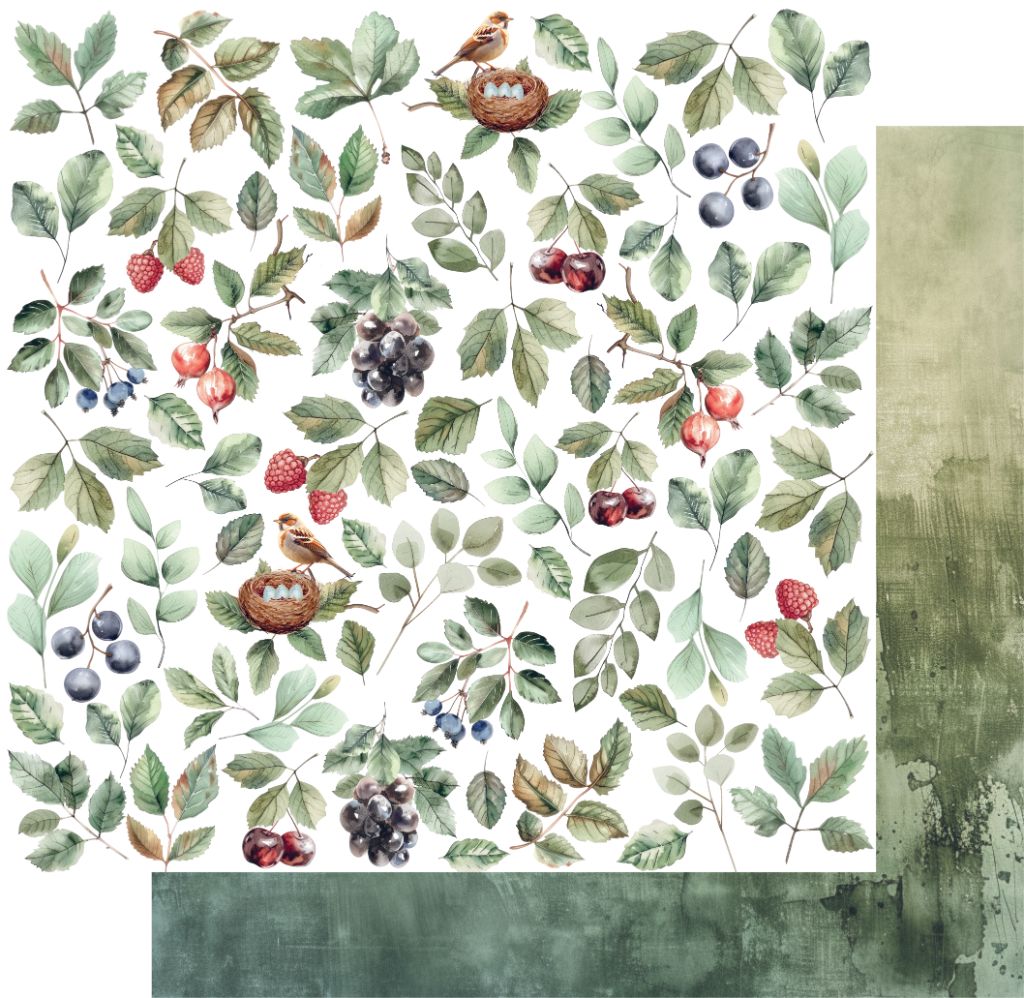 Double-sided 12x12 scrapbook paper showing watercolour birds, berries, and foliage on front with grunge-style green preview on back