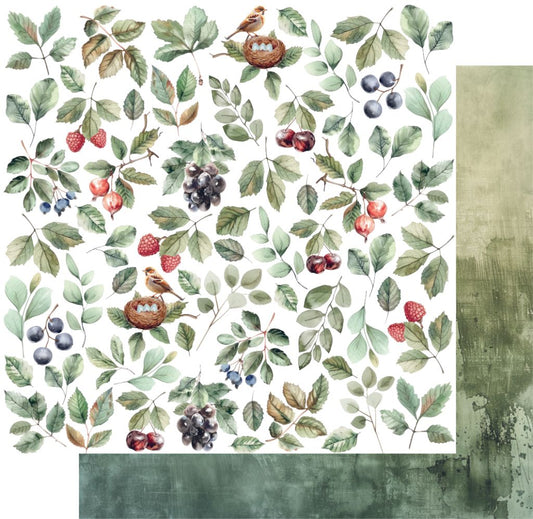 Double-sided 12x12 scrapbook paper showing watercolour birds, berries, and foliage on front with grunge-style green preview on back
