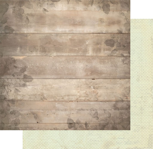 Double-sided 12x12 scrapbook paper showing rustic wood grain front with green polka dot preview on back