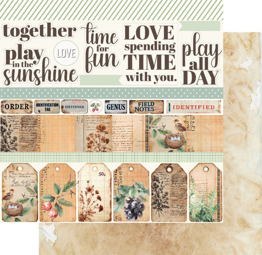 Double-sided 12x12 scrapbook paper showing vintage phrases and nature-themed tags on front with aged paper preview on back