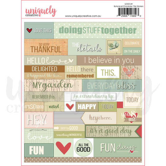 Sheet of Botanical Chronicles title stickers featuring over 40 phrases in sage green, peach, and cream colours including 'doing stuff together', 'I believe in you', and 'so very thankful' for paper crafts