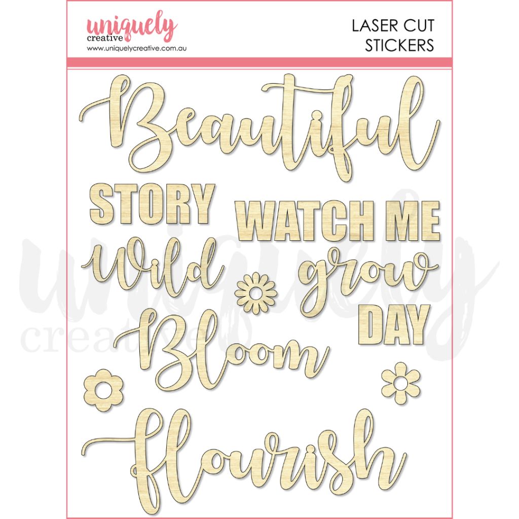 Uniquely Creative laser-cut wood-textured stickers with inspirational words and floral designs for scrapbooking and card making.