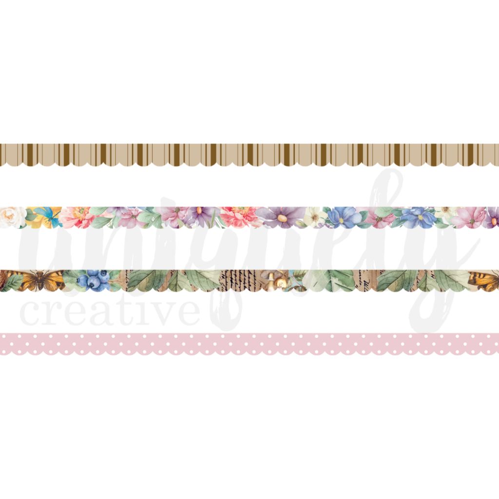 A set of four decorative tapes with scalloped edges, including striped, floral, botanical, and polka dot designs, suitable for paper crafting.