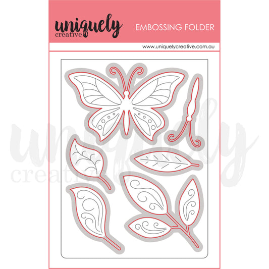 Uniquely Creative Butterfly Breeze Cut & Emboss Folder showing butterfly with decorative wings and coordinating leaves design on translucent plastic folder