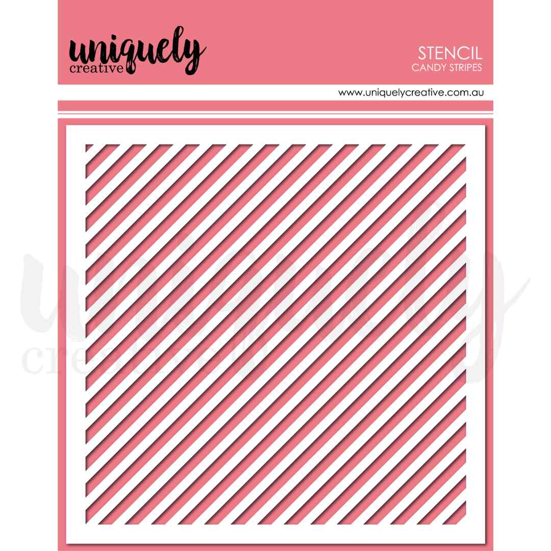 Uniquely Creative Candy Stripes Stencil, a square 6 × 6-inch reusable stencil with evenly spaced diagonal openings forming a repeating candy-stripe pattern.