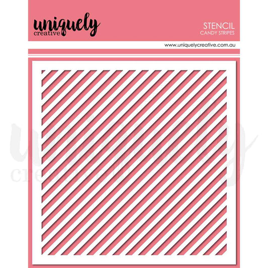 Uniquely Creative Candy Stripes Stencil, a square 6 × 6-inch reusable stencil with evenly spaced diagonal openings forming a repeating candy-stripe pattern.