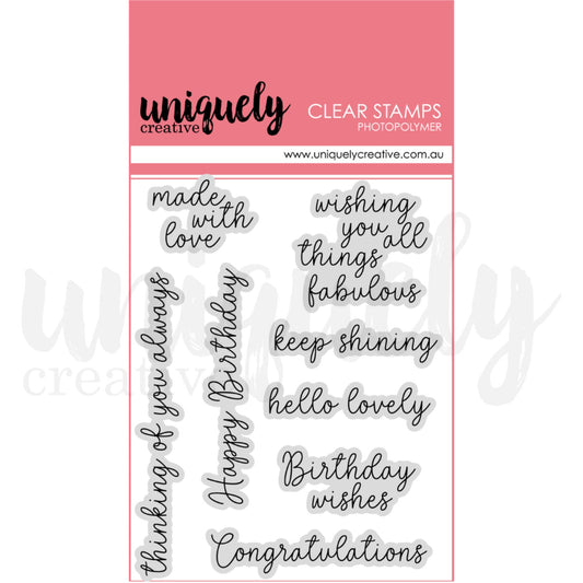 Celebration Sentiments photopolymer clear stamp set with 8 sentiment stamps by Uniquely Creative