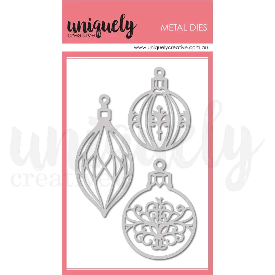 Uniquely Creative Christmas Decorations metal dies showing three ornate bauble and finial shapes