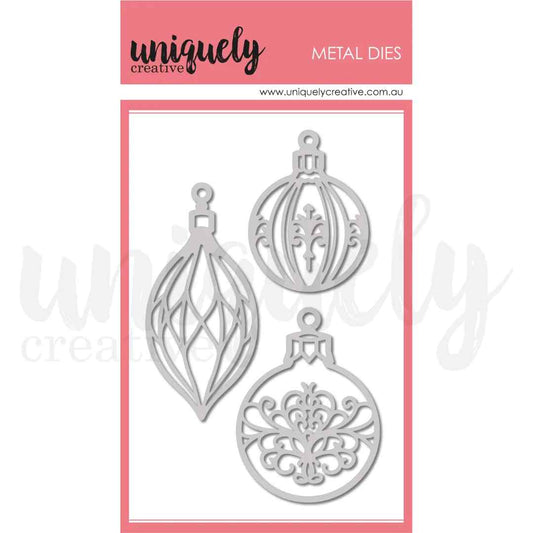 Uniquely Creative Christmas Decorations metal dies showing three ornate bauble and finial shapes