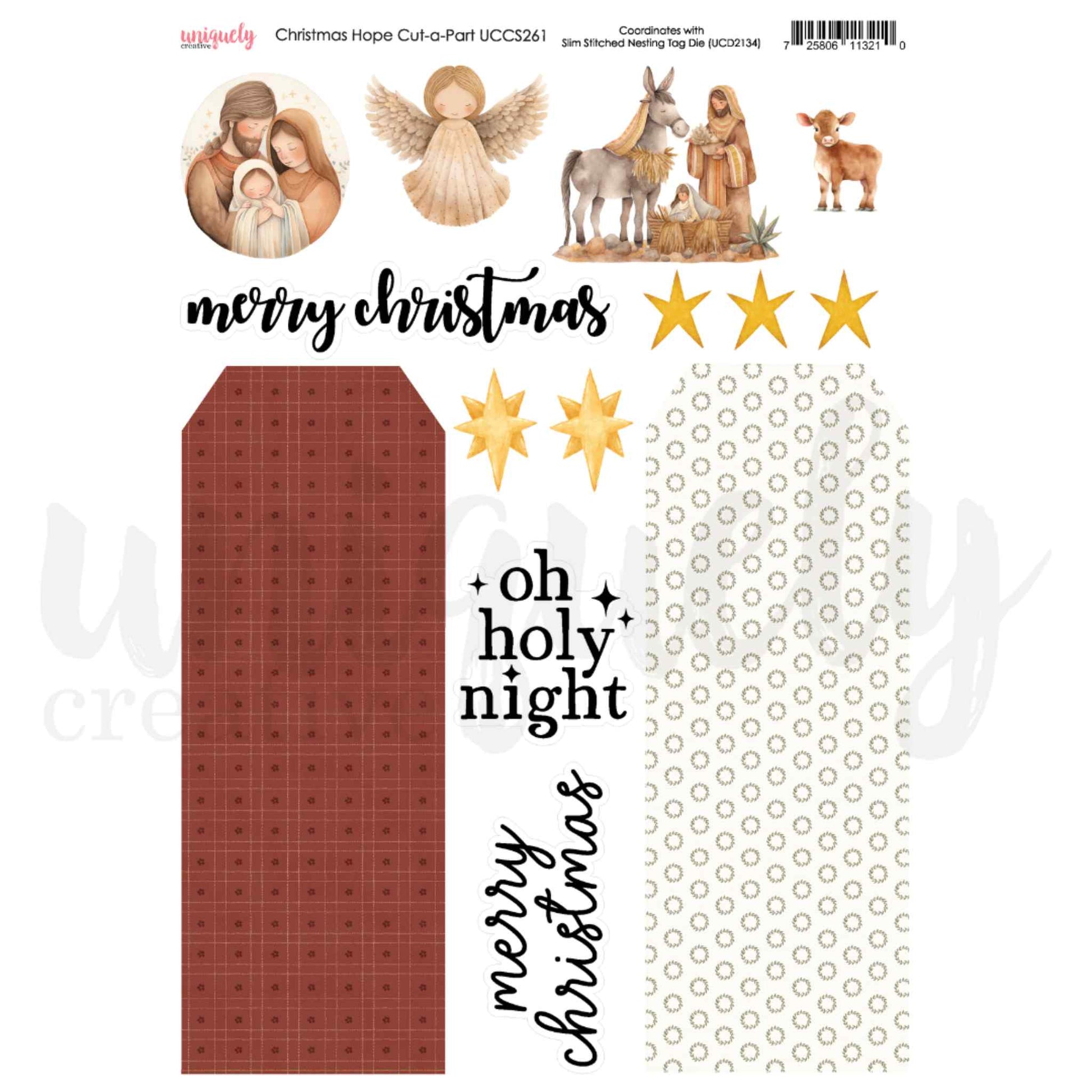 Uniquely Creative Christmas Hope Cut-a-Part Sheet featuring watercolour nativity scenes including the Holy Family, angel, and stable animals, gold stars, merry christmas and oh holy night sentiments, and two patterned tag panels in red and white on 200gsm cardstock
