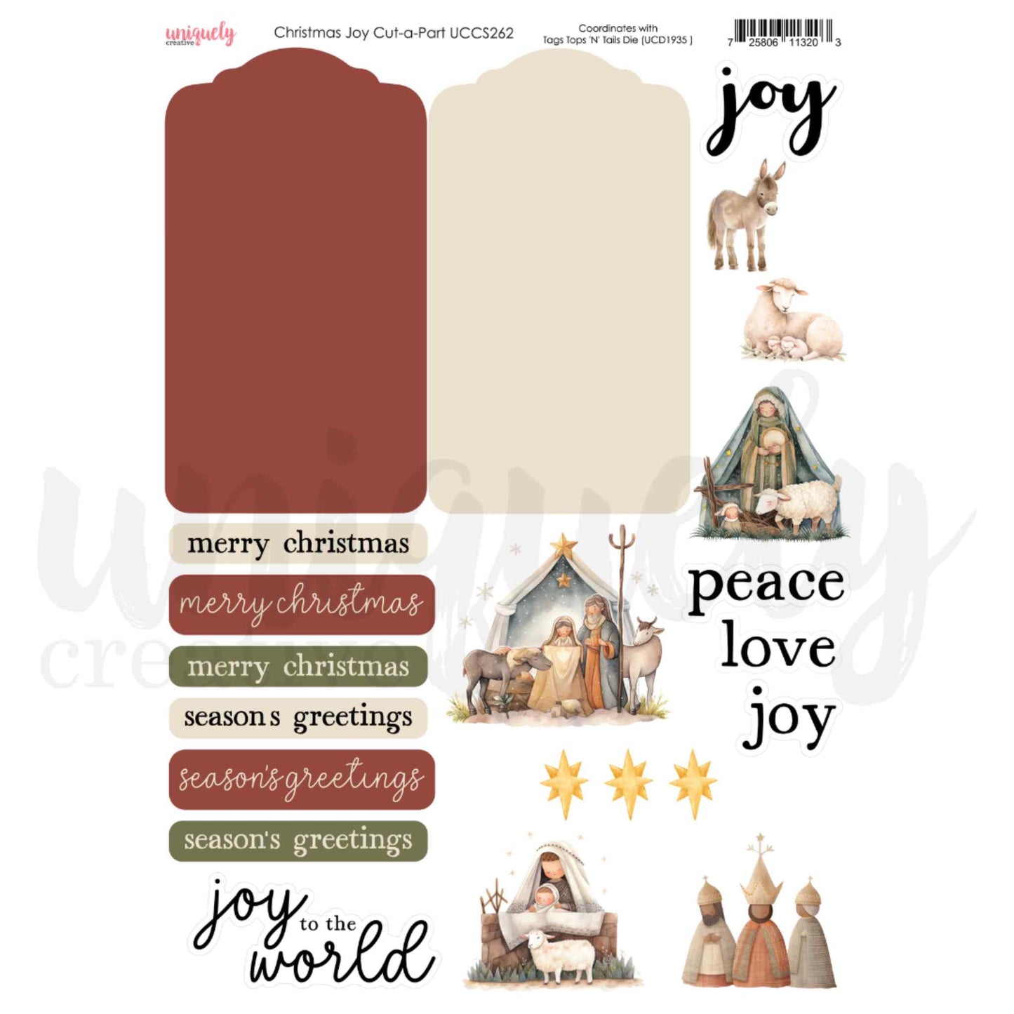 Uniquely Creative Christmas Joy Cut-a-Part Sheet featuring watercolour nativity figures including the Holy Family, Wise Men, shepherd, donkey, and sheep, plus Merry Christmas and Season's Greetings label strips in terracotta and sage, gold stars, and two large tag panels on 200gsm cardstock