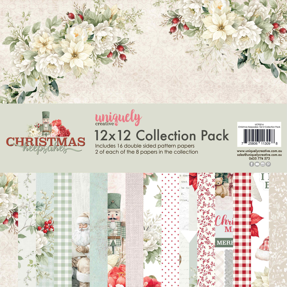 Christmas Keepsakes 12x12 Collection Pack cover showing white Christmas florals above previews of the eight coordinating paper designs