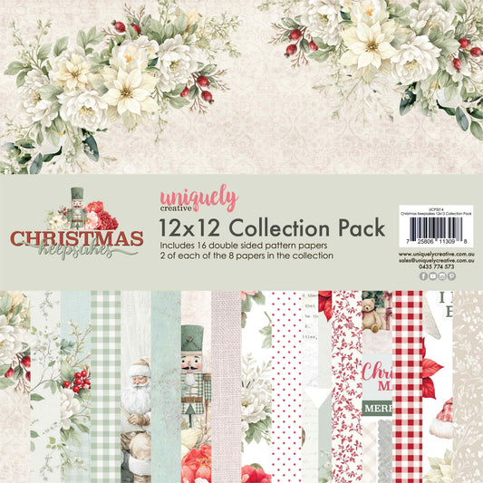 Christmas Keepsakes 12x12 Collection Pack cover showing white Christmas florals above previews of the eight coordinating paper designs