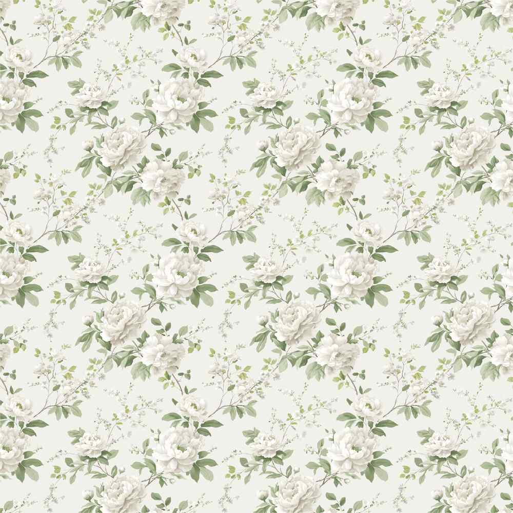 Evergreen Lane paper reverse with a repeating pattern of white flowers and green leaves