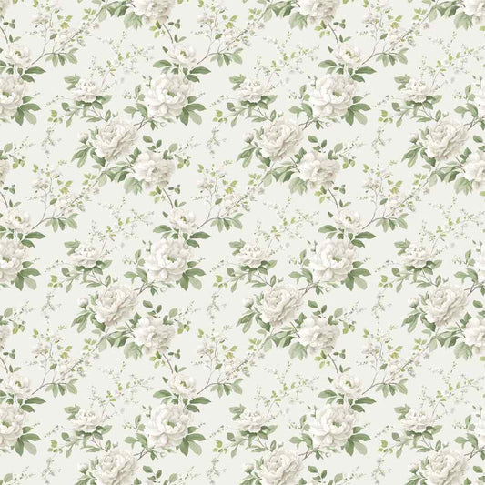Evergreen Lane paper reverse with a repeating pattern of white flowers and green leaves
