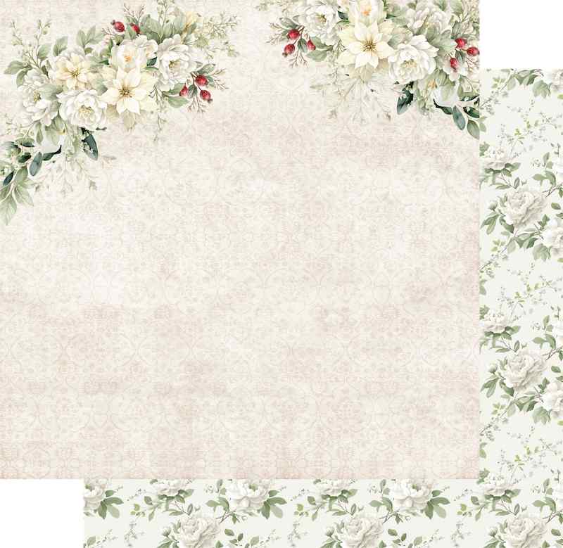 Uniquely Creative Evergreen Lane double-sided paper preview showing a pale floral front and a repeating white-flower reverse