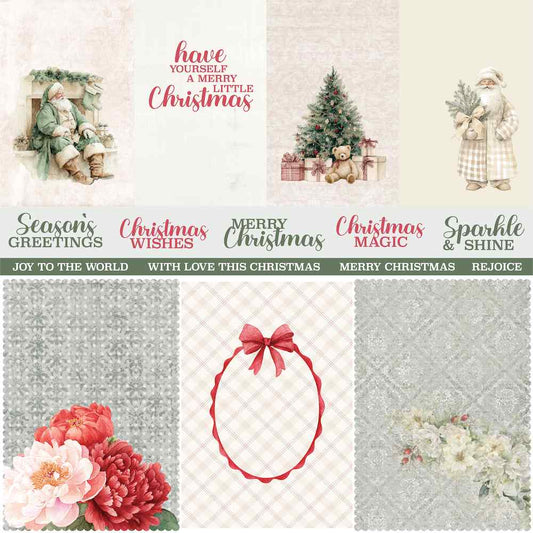 Festive Memories paper front with Santa illustrations, a Christmas tree, festive greetings, floral panels and a ribbon-framed journaling space