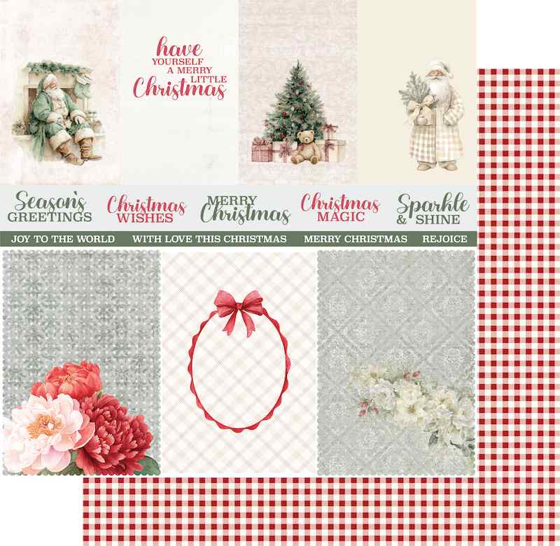 Festive Memories paper preview showing Christmas cut-apart panels and the red and white gingham check reverse
