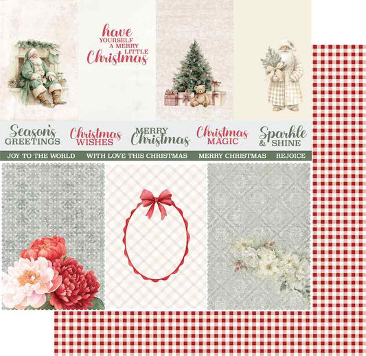 Festive Memories paper preview showing Christmas cut-apart panels and the red and white gingham check reverse