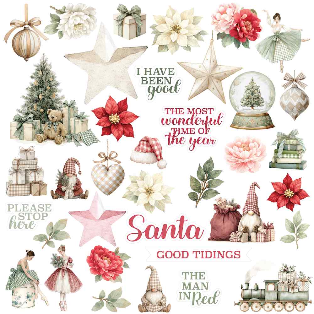 Good Tidings paper front with Santa, gnomes, poinsettias, ornaments, dancers, a Christmas tree, a train and festive phrases