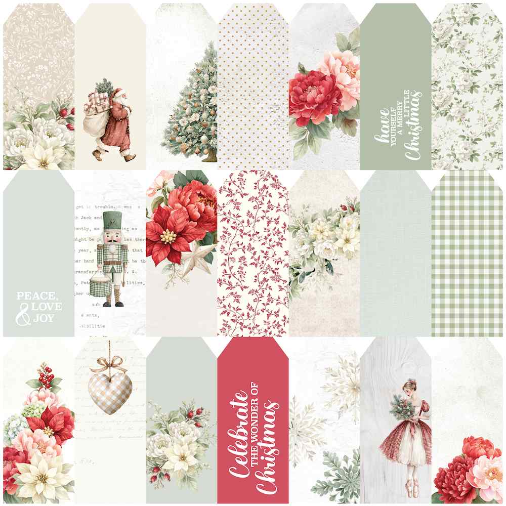 Home For The Holidays paper front with Christmas gift tags featuring flowers, Santa, a tree, a nutcracker, checks and festive wording