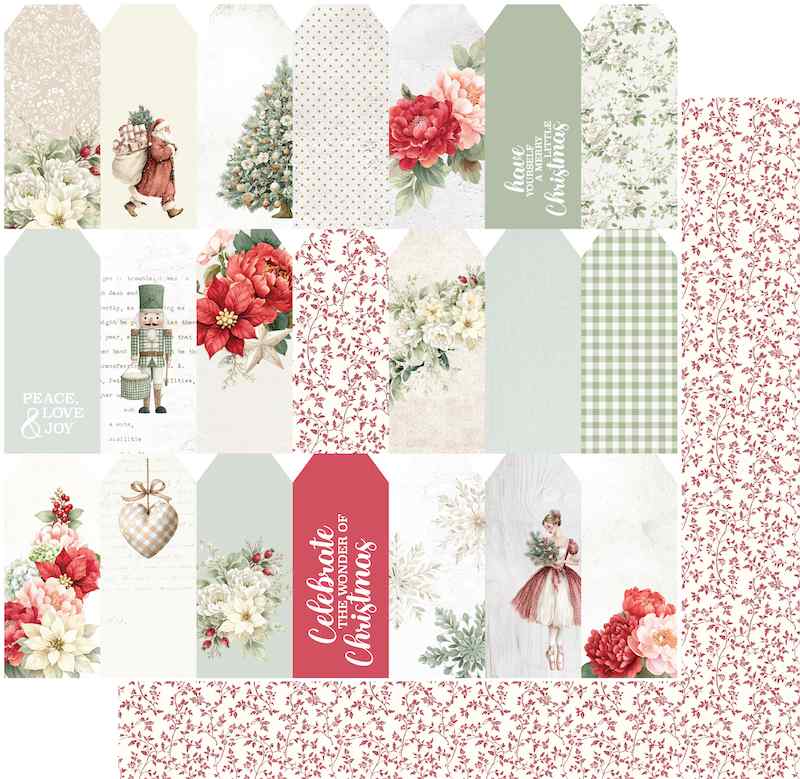 Home For The Holidays double-sided paper preview showing rows of printed Christmas gift tags and a fine red floral reverse