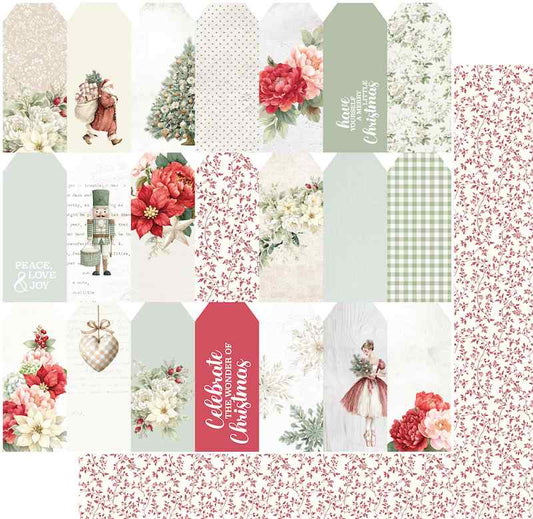 Home For The Holidays double-sided paper preview showing rows of printed Christmas gift tags and a fine red floral reverse