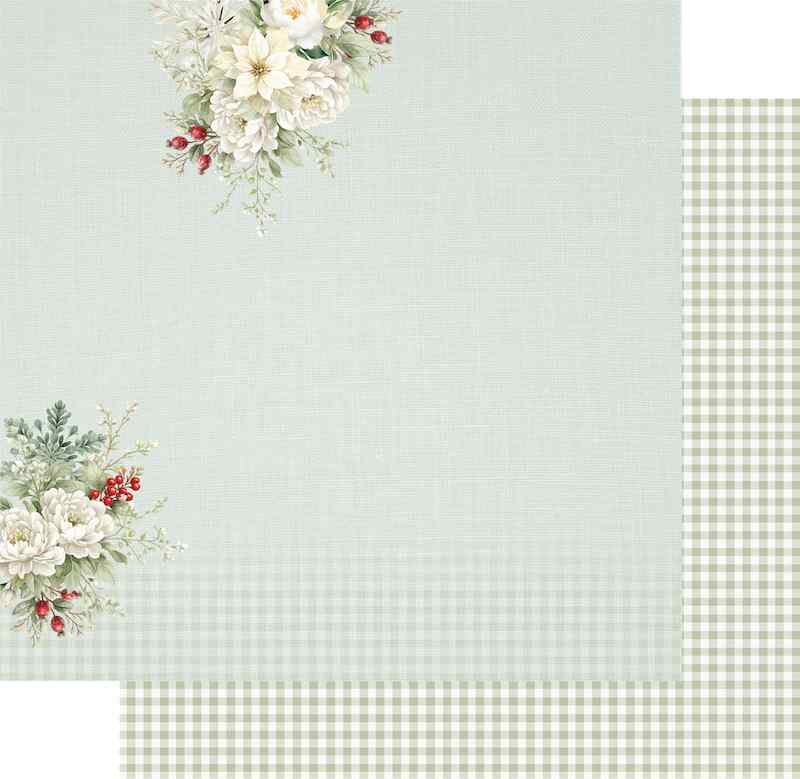 Uniquely Creative Merry Little Things double-sided paper preview with a pale sage floral front and sage-and-cream checked reverse