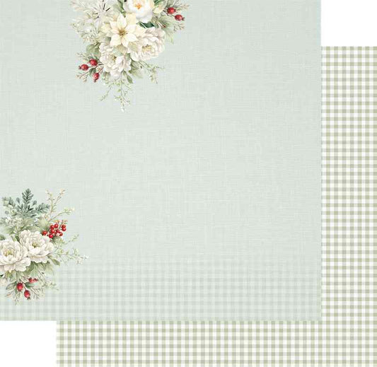 Uniquely Creative Merry Little Things double-sided paper preview with a pale sage floral front and sage-and-cream checked reverse