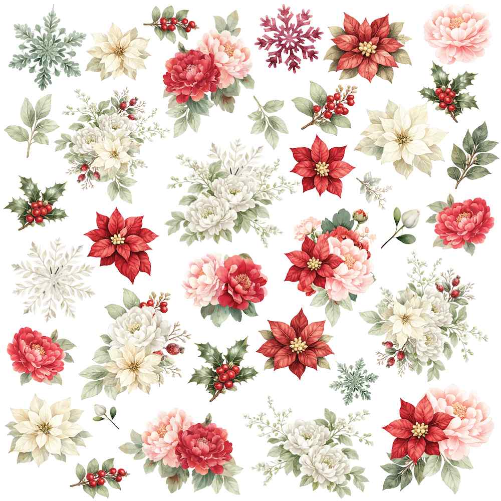 Treasured Trinkets paper front with red poinsettias, pink and white flowers, holly berries, foliage and snowflakes spaced across a white background