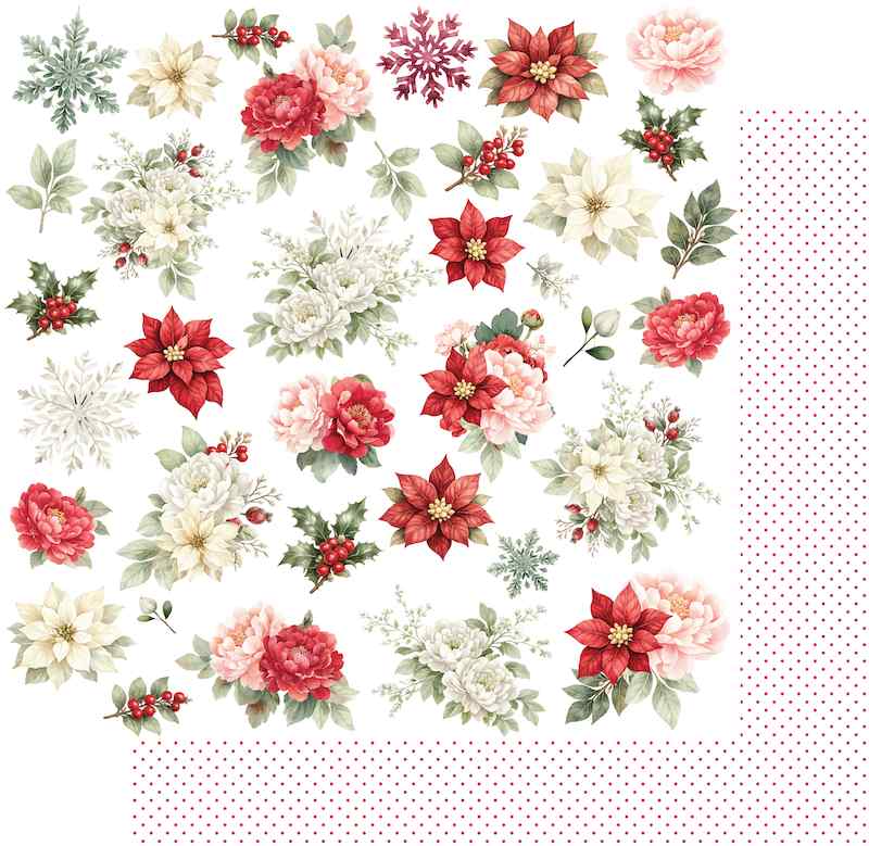 Uniquely Creative Treasured Trinkets double-sided paper preview with floral and Christmas motifs on the front and tiny dots on the reverse